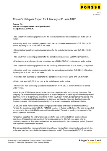 Vorschaubild Ponsse Halbjahresbericht 2022-h1