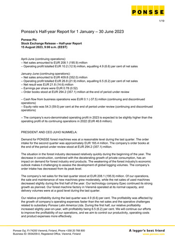 Vorschaubild Ponsse Halbjahresbericht 2023-h1