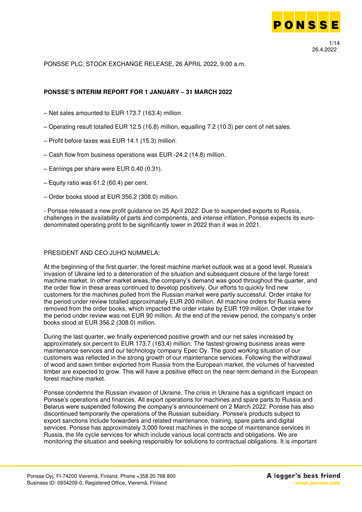 Miniature Ponsse Rapport trimestriel 2022-q1