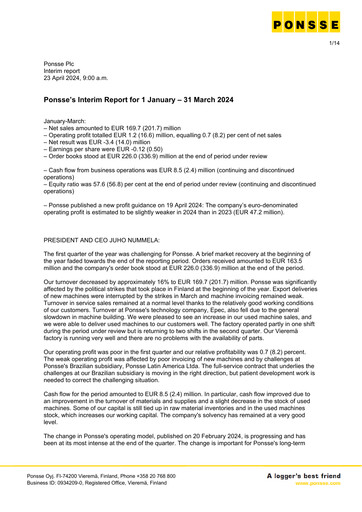 Miniature Ponsse Rapport trimestriel 2024-q1