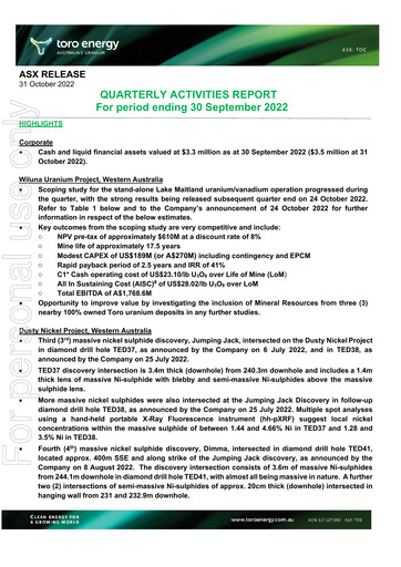 Thumbnail Toro Energy Quarterly Report 2022-q3