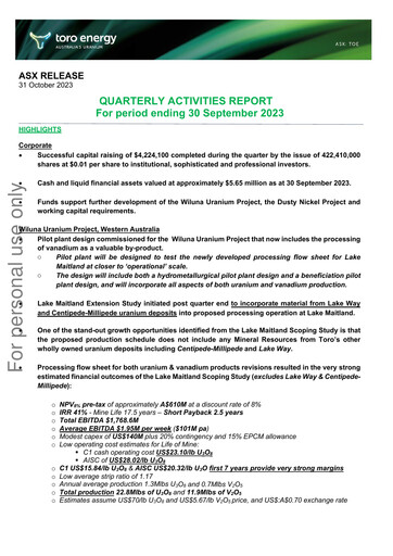 Thumbnail Toro Energy Quarterly Report 2023-q3