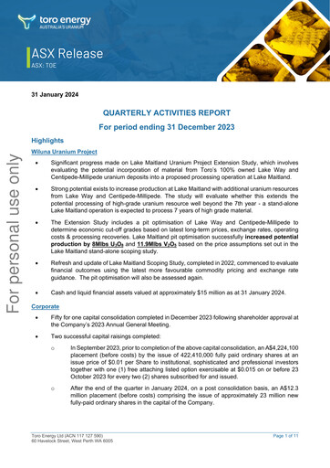 Thumbnail Toro Energy Quarterly Report 2023-q4