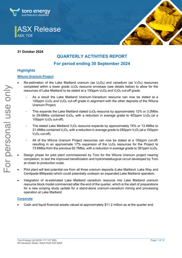 Thumbnail Toro Energy Quarterly Report 2024-q3