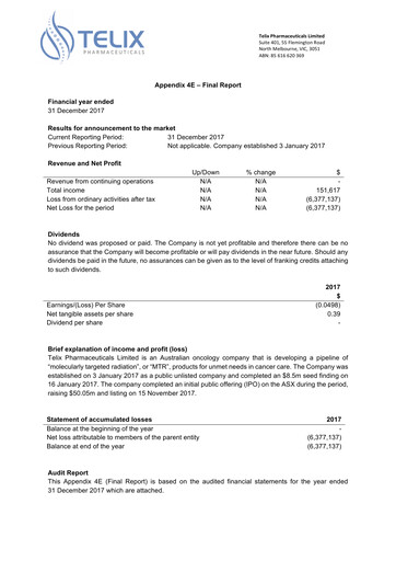 Vorschaubild Telix Pharmaceuticals Jahresbericht 2017