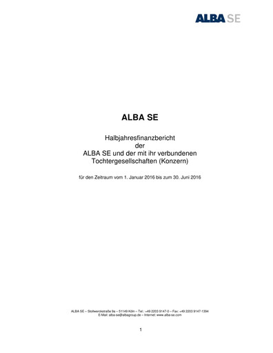 Miniature ALBA SE Rapport semestriel 2016-h1