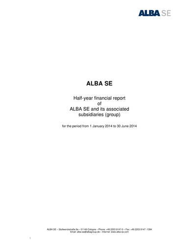 Miniature ALBA SE Rapport semestriel 2014-h1