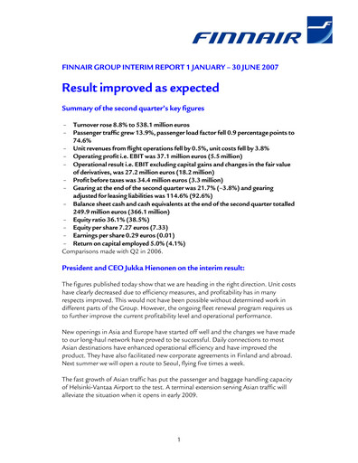 Thumbnail Finnair
 Financial Statement 2007-h1