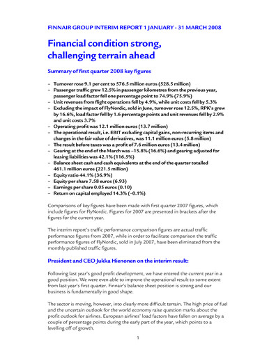 Thumbnail Finnair
 Quarterly Report 2008-q1