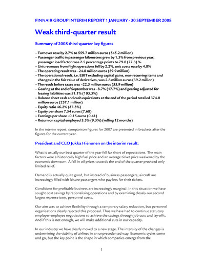 Thumbnail Finnair
 Quarterly Report 2008-q3