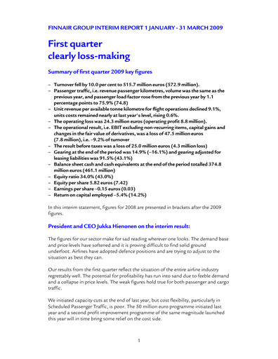Thumbnail Finnair
 Quarterly Report 2009-q1