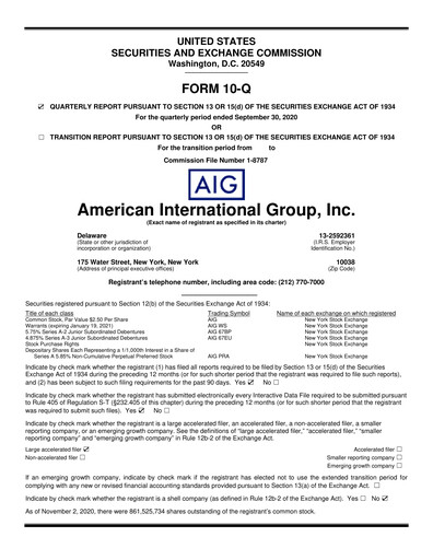 Thumbnail American International Group Quarterly Report 2020-q3