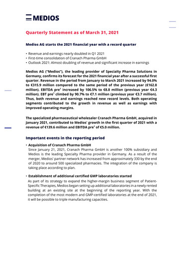 Miniature Medios AG  Rapport trimestriel 2021-q1