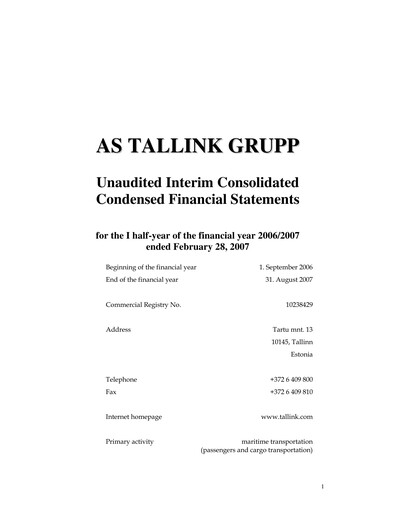 Thumbnail Tallink Grupp Financial Statement 2007-h1