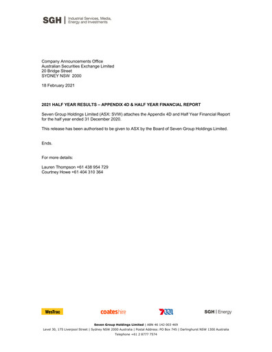 Thumbnail Seven Group Holdings
 (SGH) Half-year Report 2021-h1