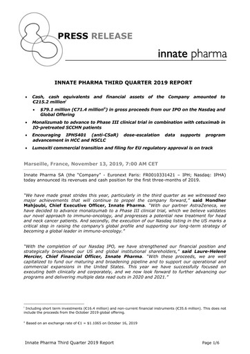 Thumbnail Innate Pharma
 Quarterly Report 2019-q3