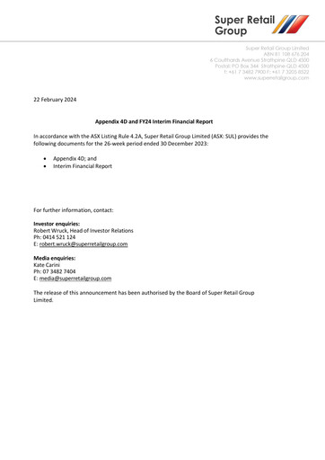 Thumbnail Super Retail Group Half-year Report 2024-h1