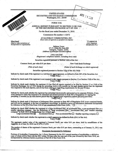 Miniature AvalonBay Communities Rapport annuel 2010
