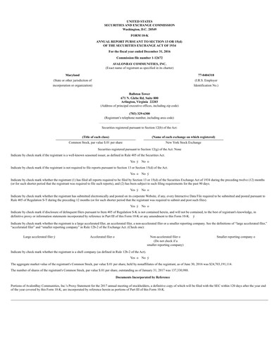 Miniature AvalonBay Communities Rapport financier 2016