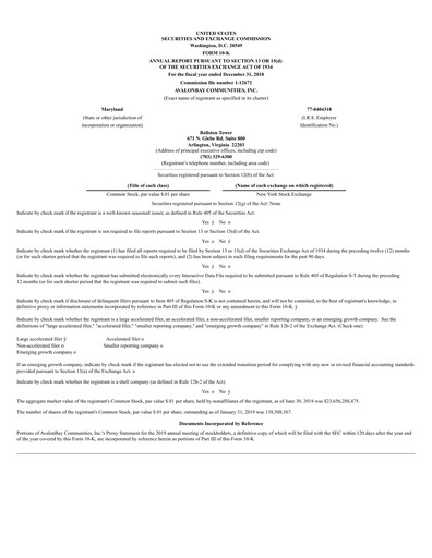Miniature AvalonBay Communities Rapport financier 2018