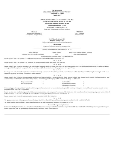 Miniature AvalonBay Communities Rapport financier 2020