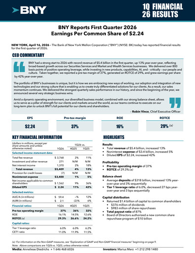 Thumbnail BNY Mellon (Bank of New York Mellon) Quarterly Report 2026-q1