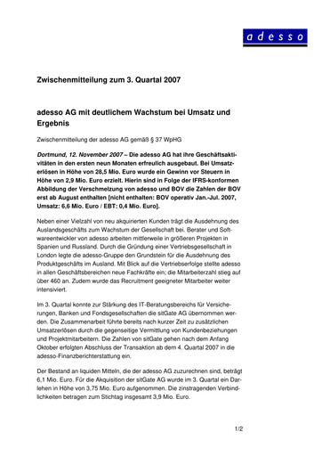 Vorschaubild adesso SE Quartalsbericht 2007-q3