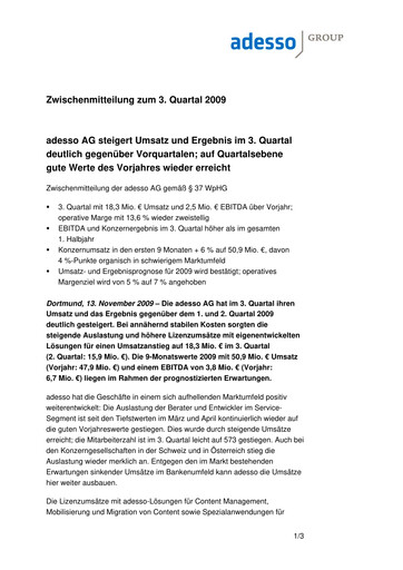 Vorschaubild adesso SE Quartalsbericht 2009-q3
