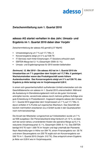 Vorschaubild adesso SE Quartalsbericht 2010-q1