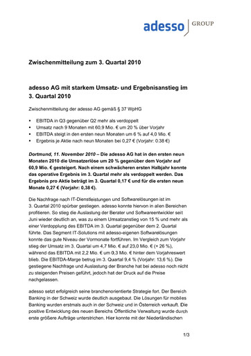 Vorschaubild adesso SE Quartalsbericht 2010-q3