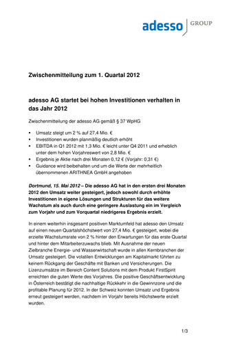 Vorschaubild adesso SE Quartalsbericht 2012-q1
