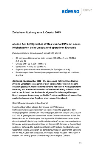Vorschaubild adesso SE Quartalsbericht 2015-q3