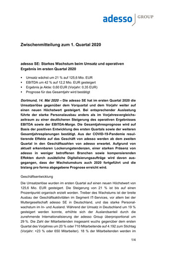 Vorschaubild adesso SE Quartalsbericht 2020-q1
