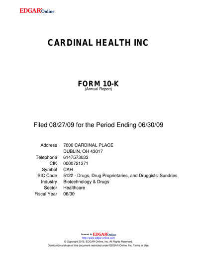 Miniature Cardinal Health Rapport annuel 2009