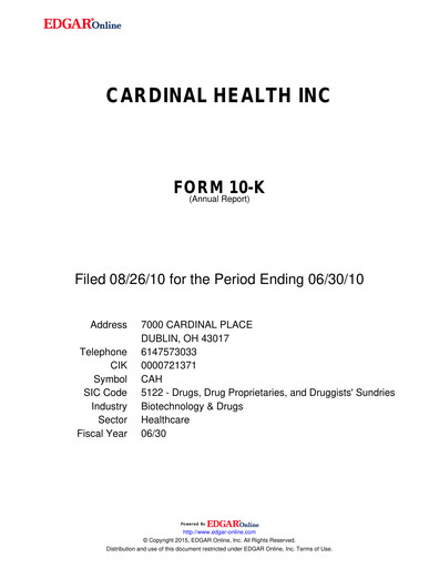 Miniature Cardinal Health Rapport annuel 2010