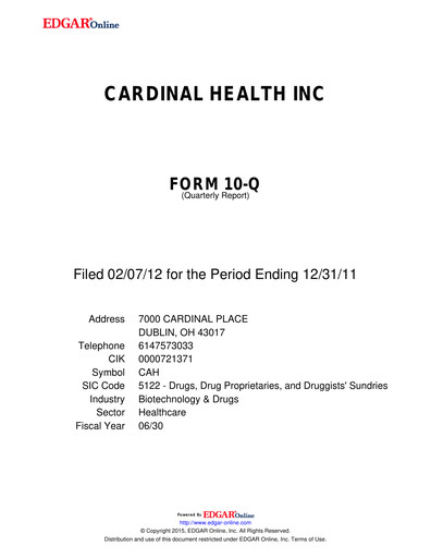Vorschaubild Cardinal Health Quartalsbericht 2012-q2