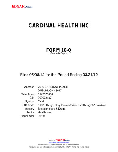 Vorschaubild Cardinal Health Quartalsbericht 2012-q3