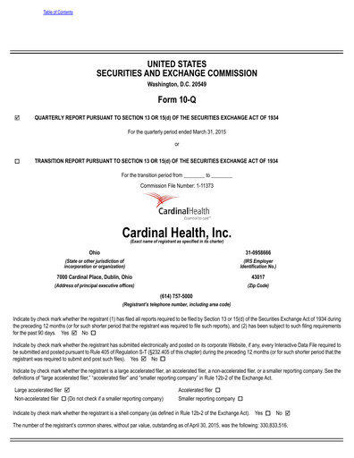 Vorschaubild Cardinal Health Quartalsbericht 2015-q3
