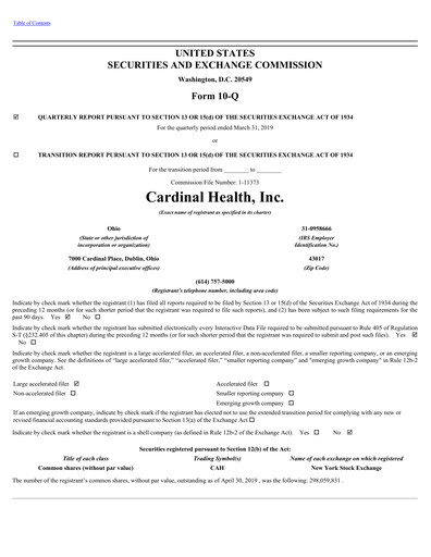 Vorschaubild Cardinal Health Quartalsbericht 2019-q3