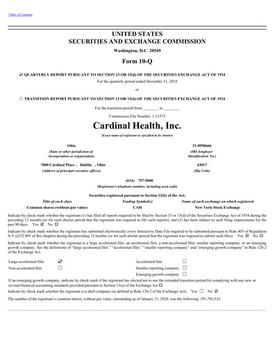 Vorschaubild Cardinal Health Quartalsbericht 2020-q2