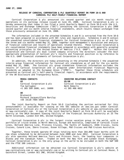 Thumbnail Carnival Corporation Half-year Report 2008-h1