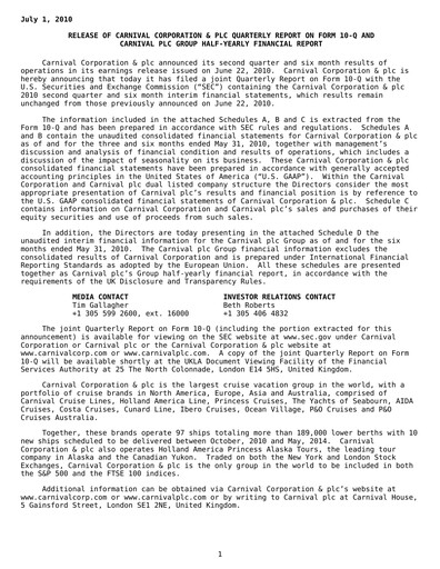 Thumbnail Carnival Corporation Half-year Report 2010-h1