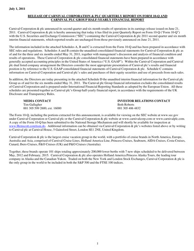 Thumbnail Carnival Corporation Half-year Report 2011-h1