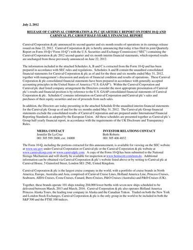 Thumbnail Carnival Corporation Half-year Report 2012-h1