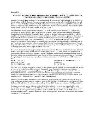 Thumbnail Carnival Corporation Half-year Report 2013-h1
