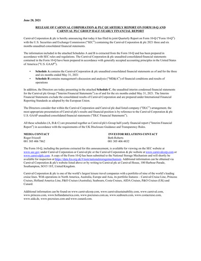 Thumbnail Carnival Corporation Half-year Report 2021-h1
