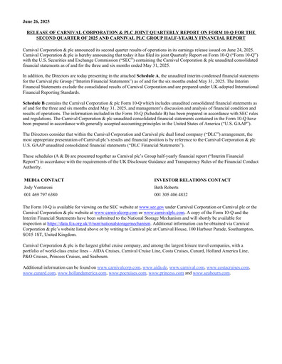 Miniature Carnival Corporation Rapport semestriel 2025-h1