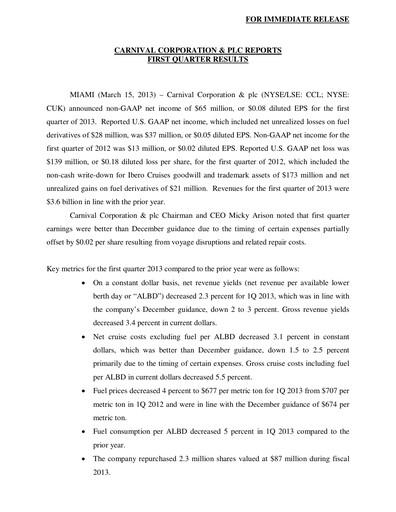 Thumbnail Carnival Corporation Quarterly Report 2013-q1