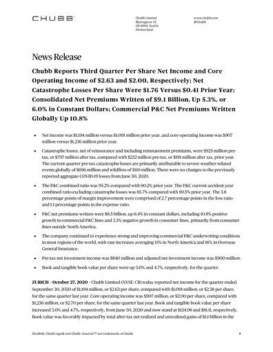 Miniature Chubb Rapport trimestriel 2020-q3