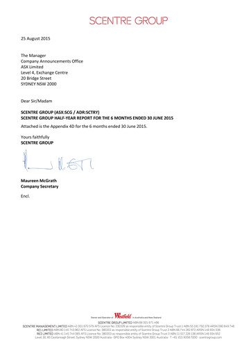 Thumbnail Scentre Group Half-year Report 2015-h1